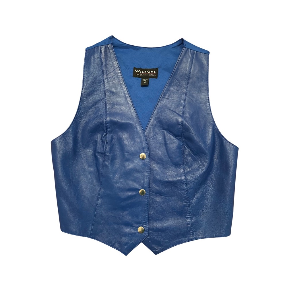 Vintage Blue Leather Front Snap Vest Wilsons Leather Small